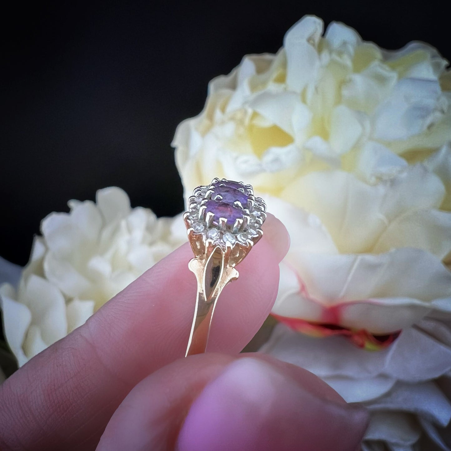 Anello vintage in oro giallo 9 ct con ametiste e diamanti – Birmingham, anni ’70