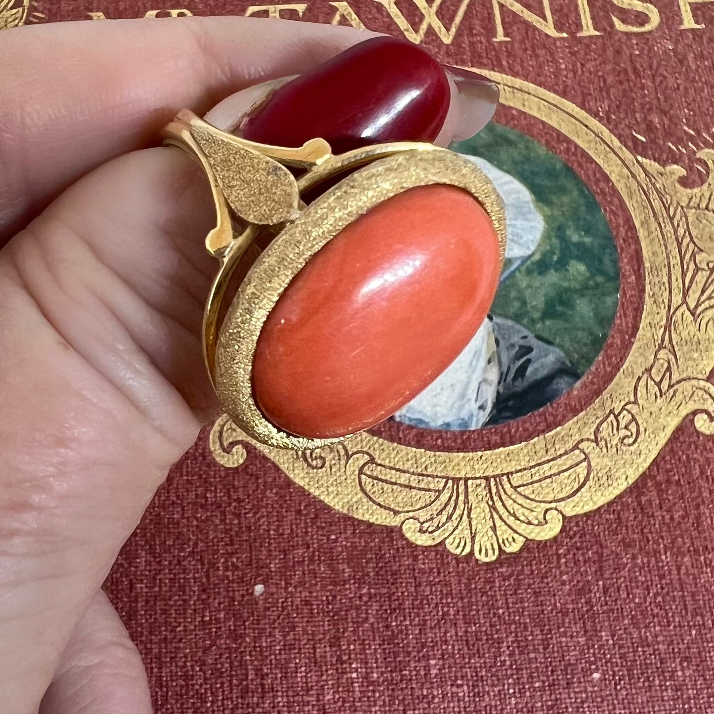 Prächtiger 18K Gelbgoldring mit großem Korallencabochon