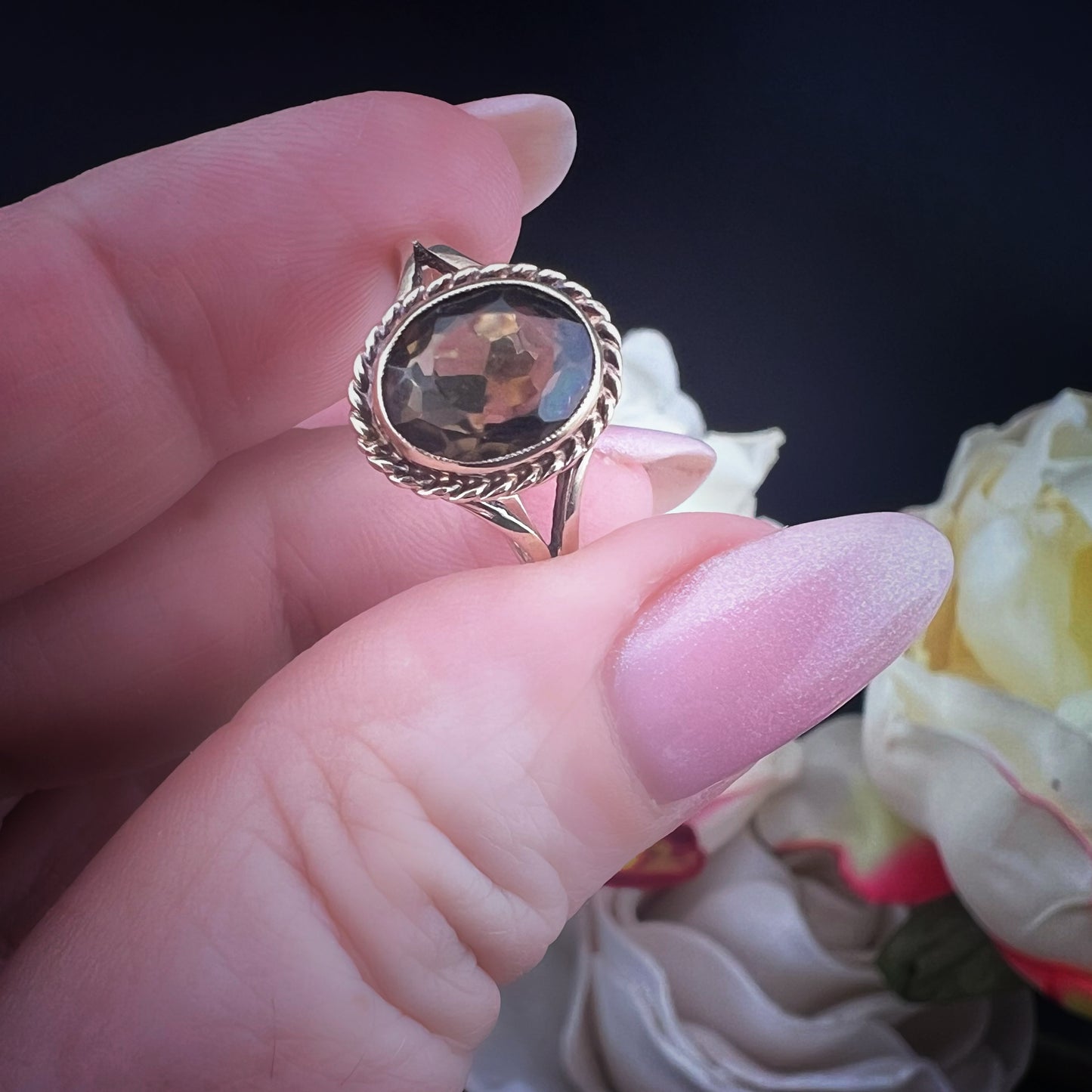 Vintage Gelbgoldring mit Rauchquarz