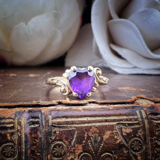 💜Anello vintage in oro giallo 9 ct con ametista a cuore