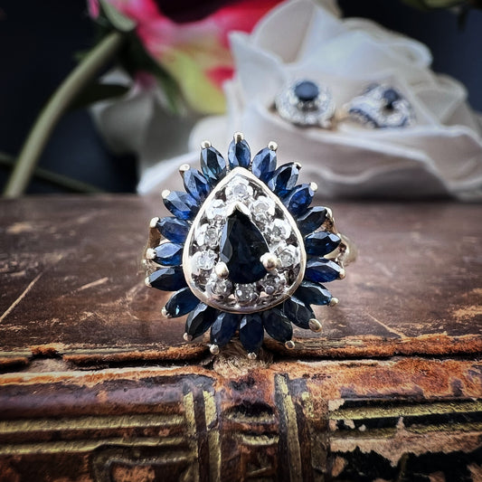 Anello vintage a goccia con zaffiri e diamanti – Londra 1989