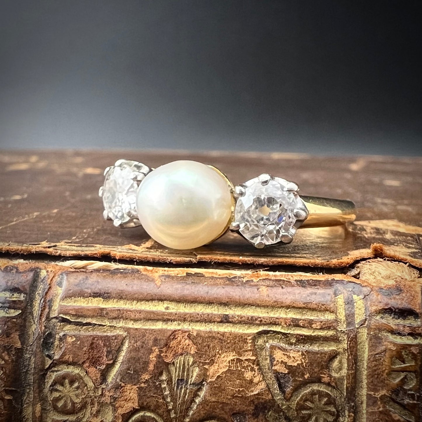 22ct gold ring with natural pearl and 1ct old mine diamonds