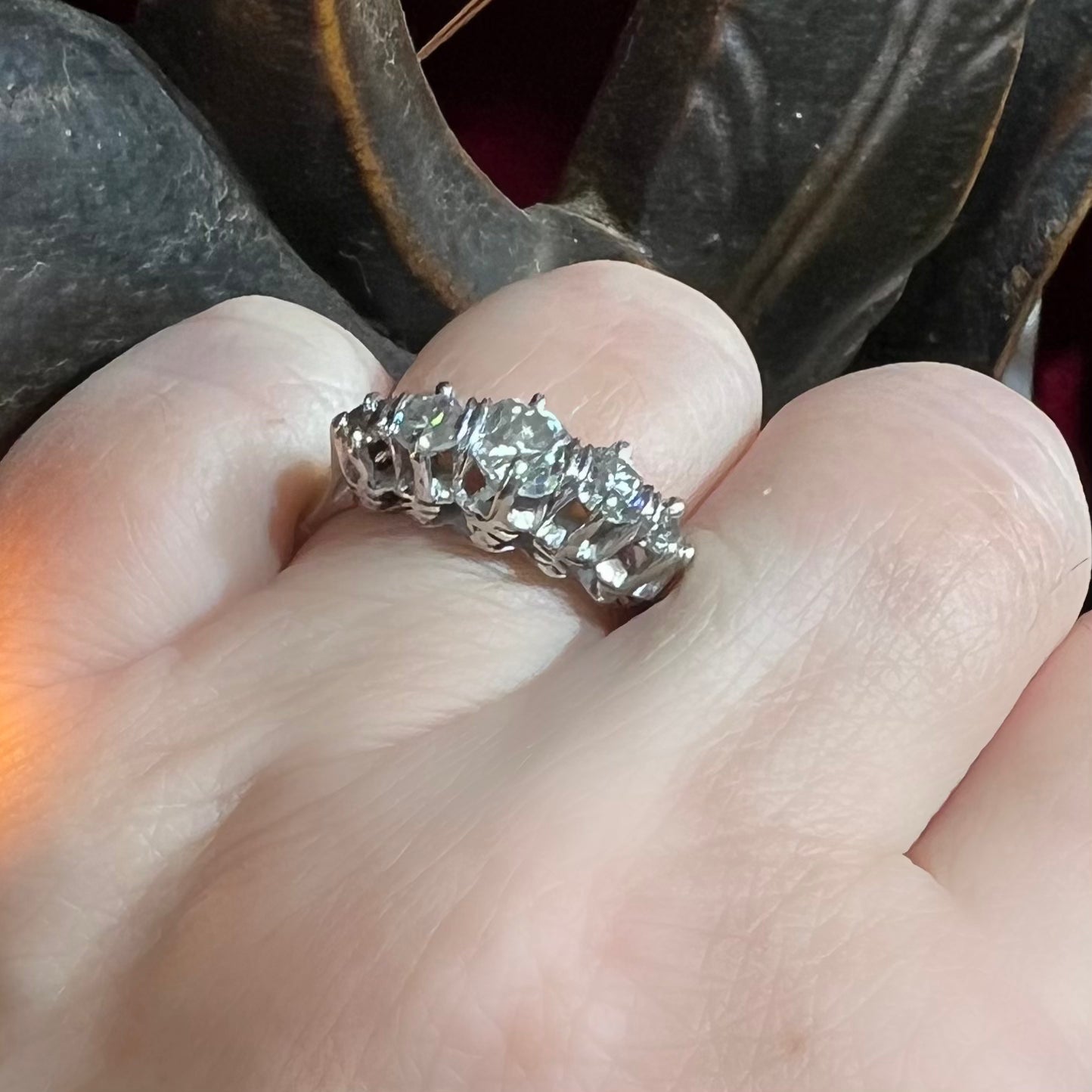 Wedding ring with five old mine diamonds, total estimated 1 ct