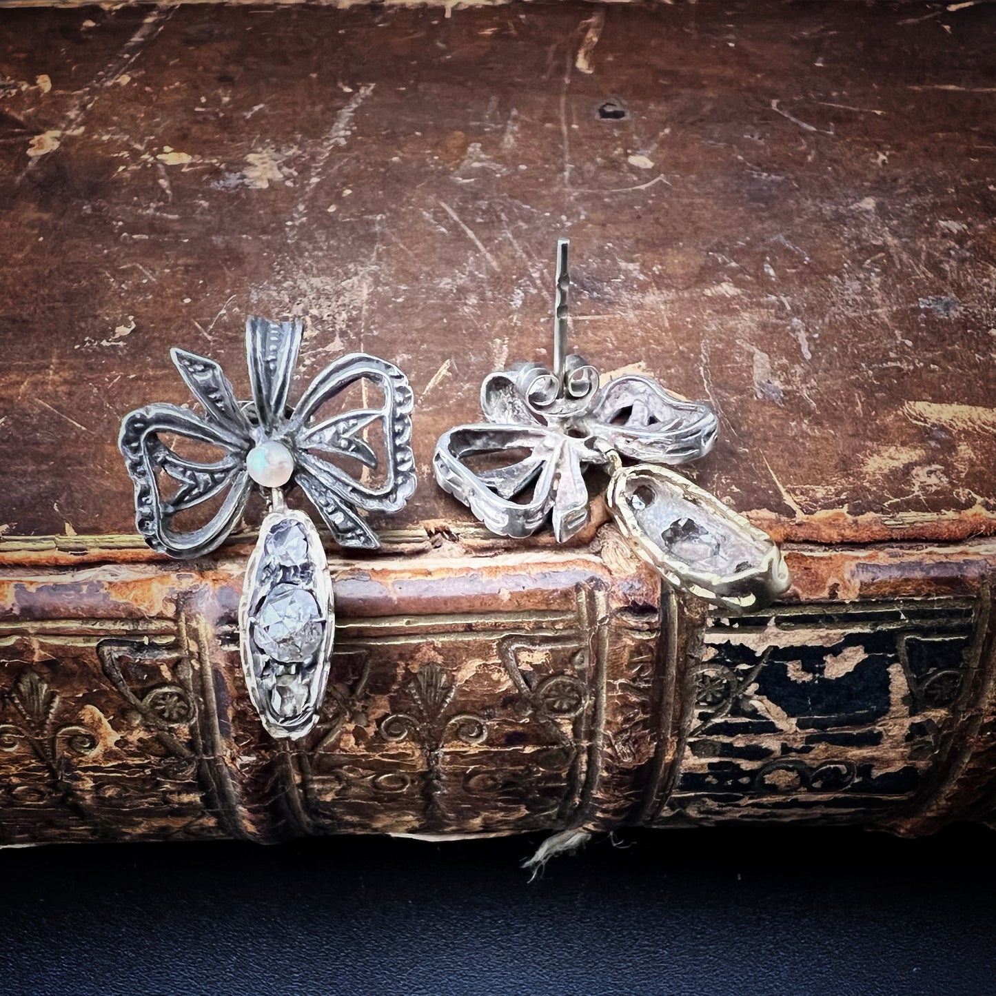 Early 1900s Rose Gold, Silver, Pearl, and Diamond Earrings