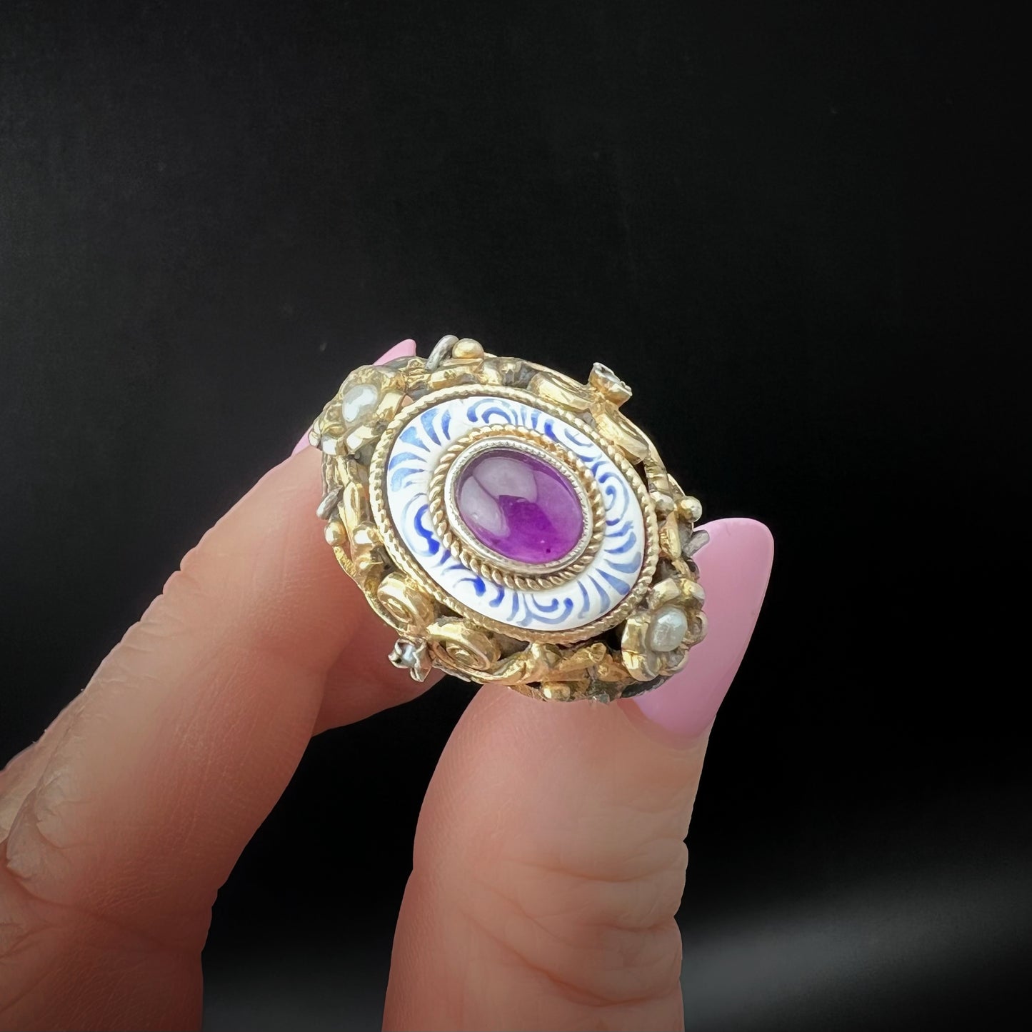 Antique Ring with Austro-Hungarian Brooch and Cabochon Amethyst in Gold-Plated Silver and Gold