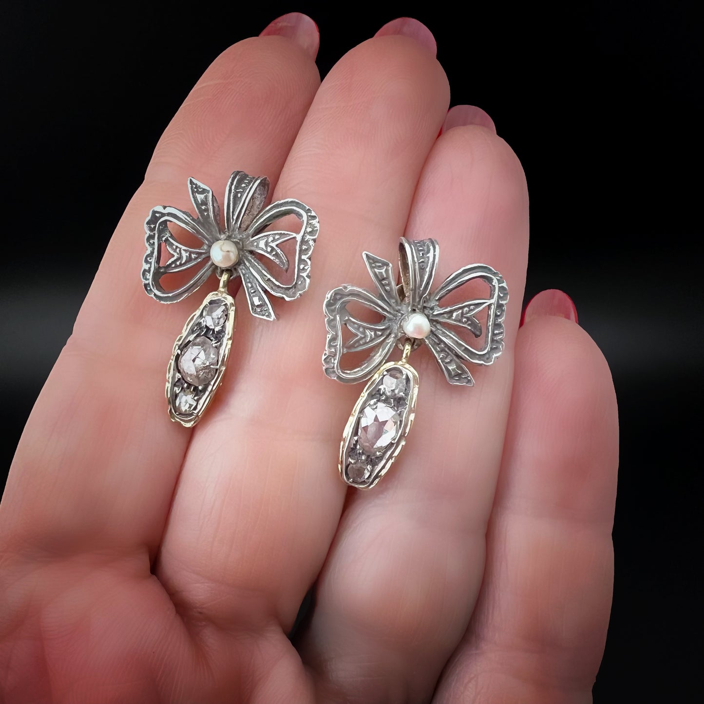Early 1900s Rose Gold, Silver, Pearl, and Diamond Earrings