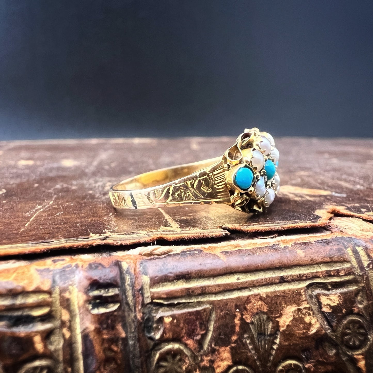 Antique Victorian 1878 15K gold beaded and turquoise ring