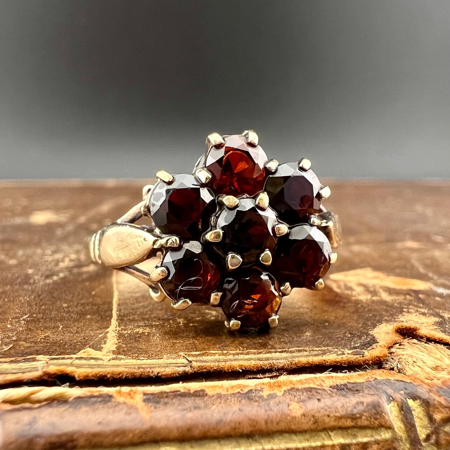 9 Karat Gold Granat Gänseblümchen Ring, 1976