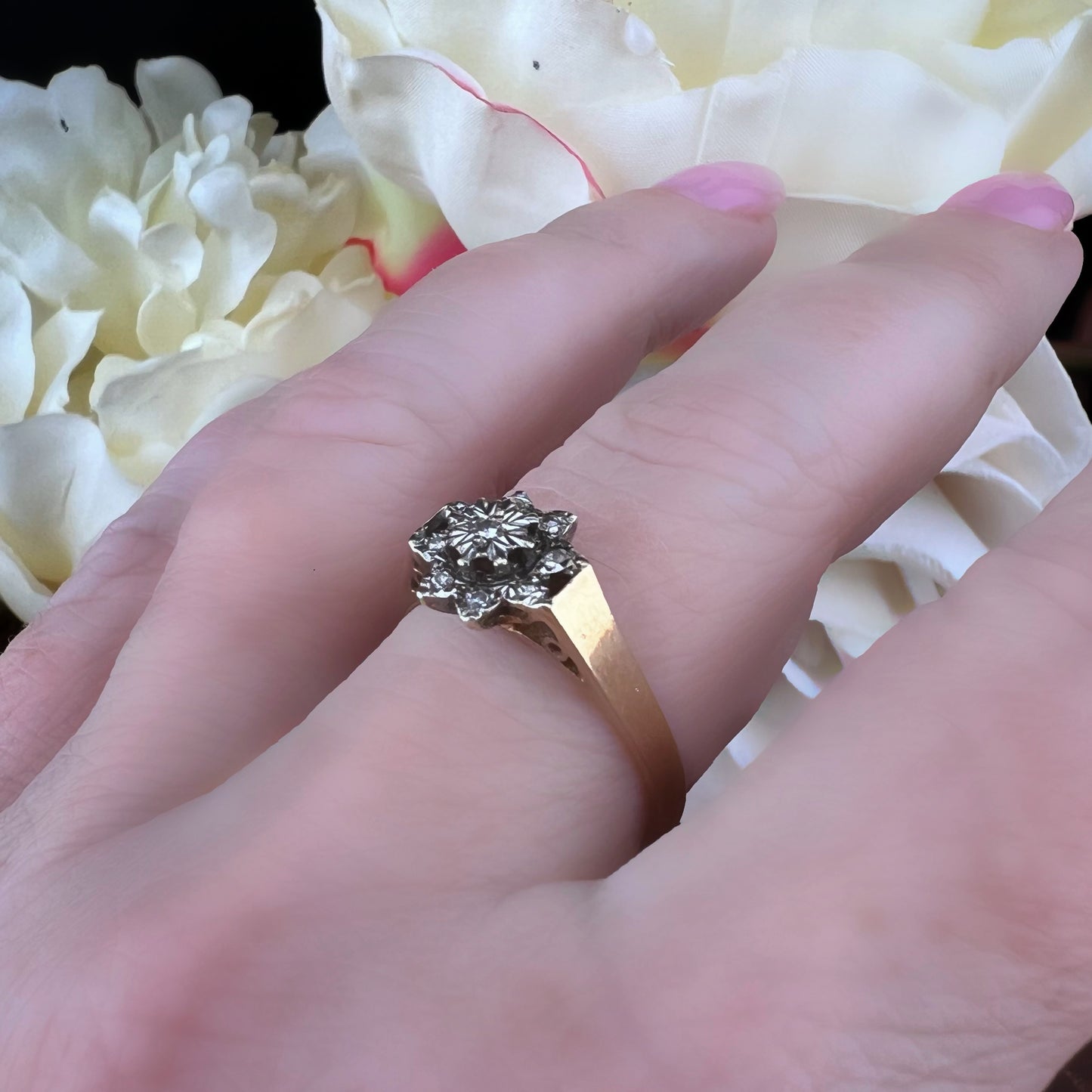 Anello vintage a margherita o stella con diamanti – Birmingham, 1980