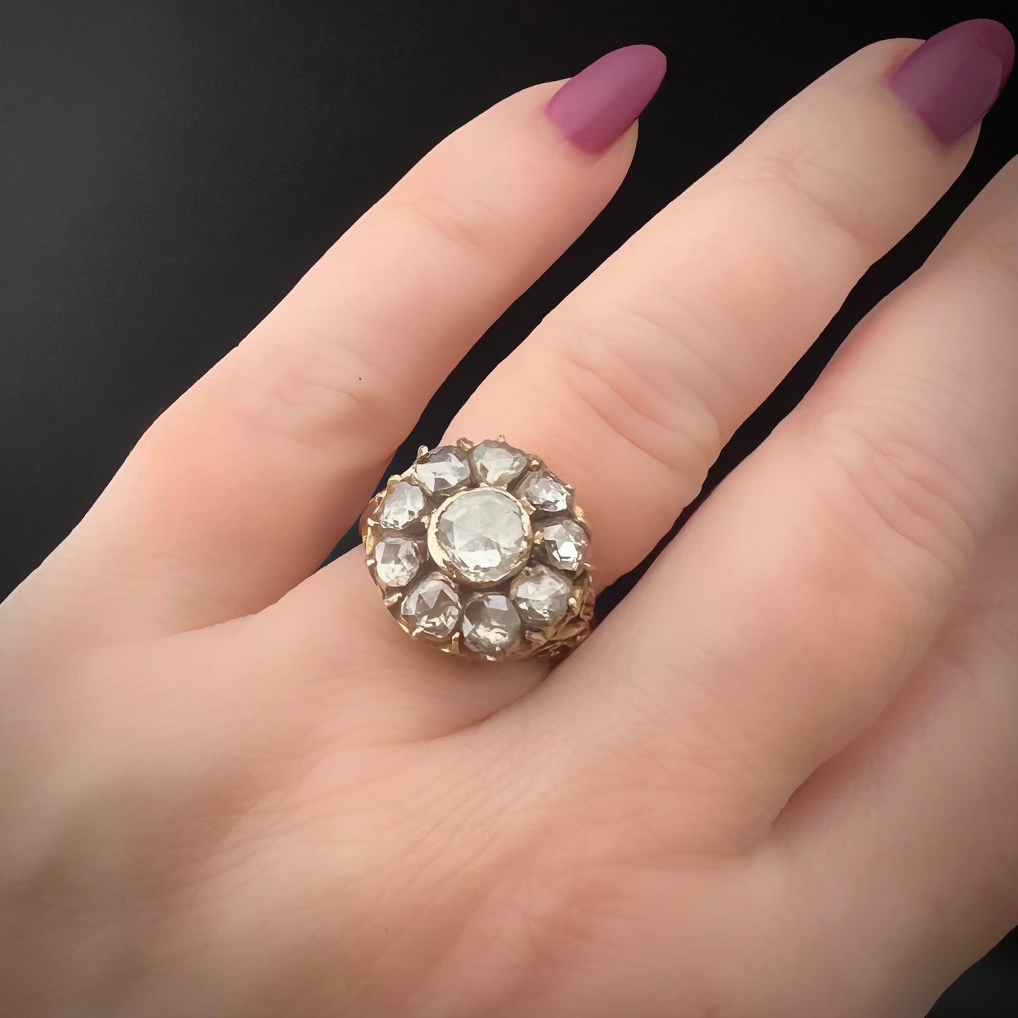 Large ring from the early 19th century in 18 ct gold and rose-cut diamonds for approximately 2 ct