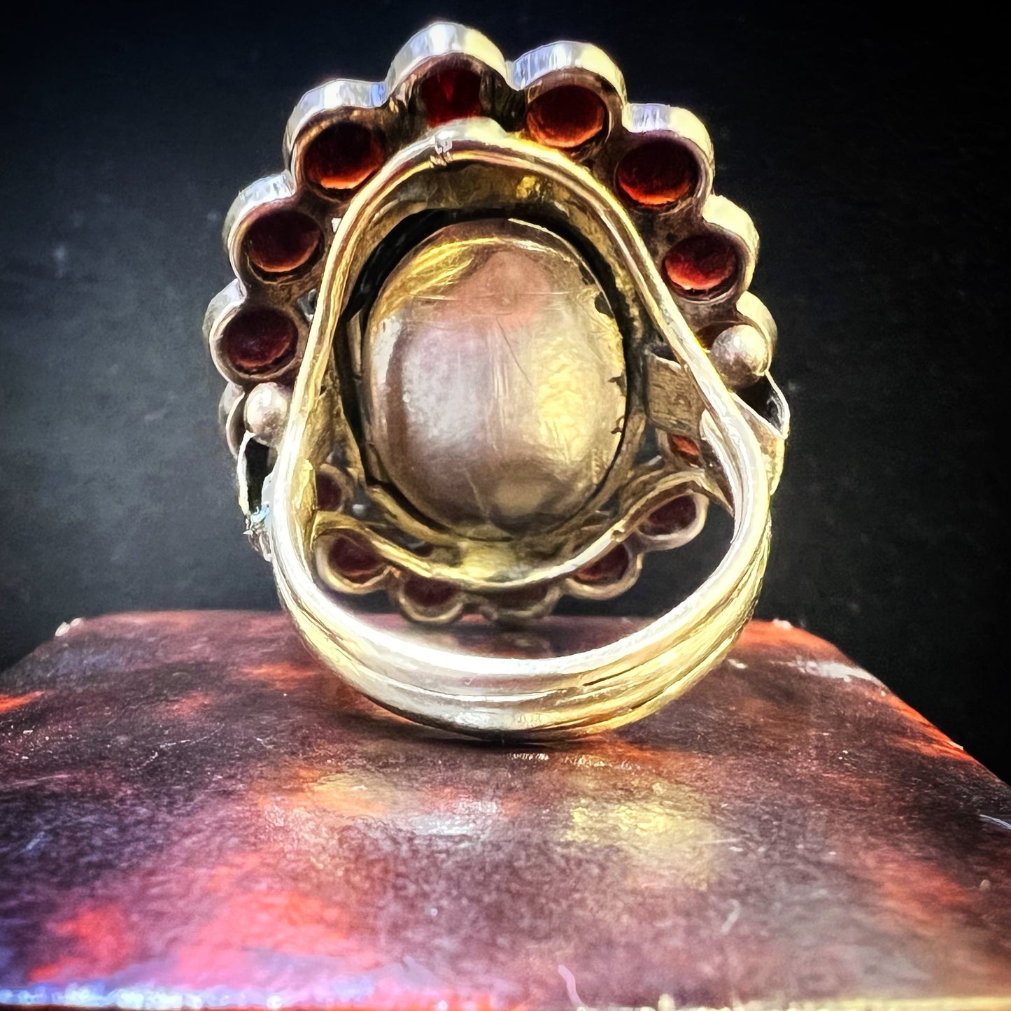 Gold locket ring with garnets and pearls, Italy, c. 1880