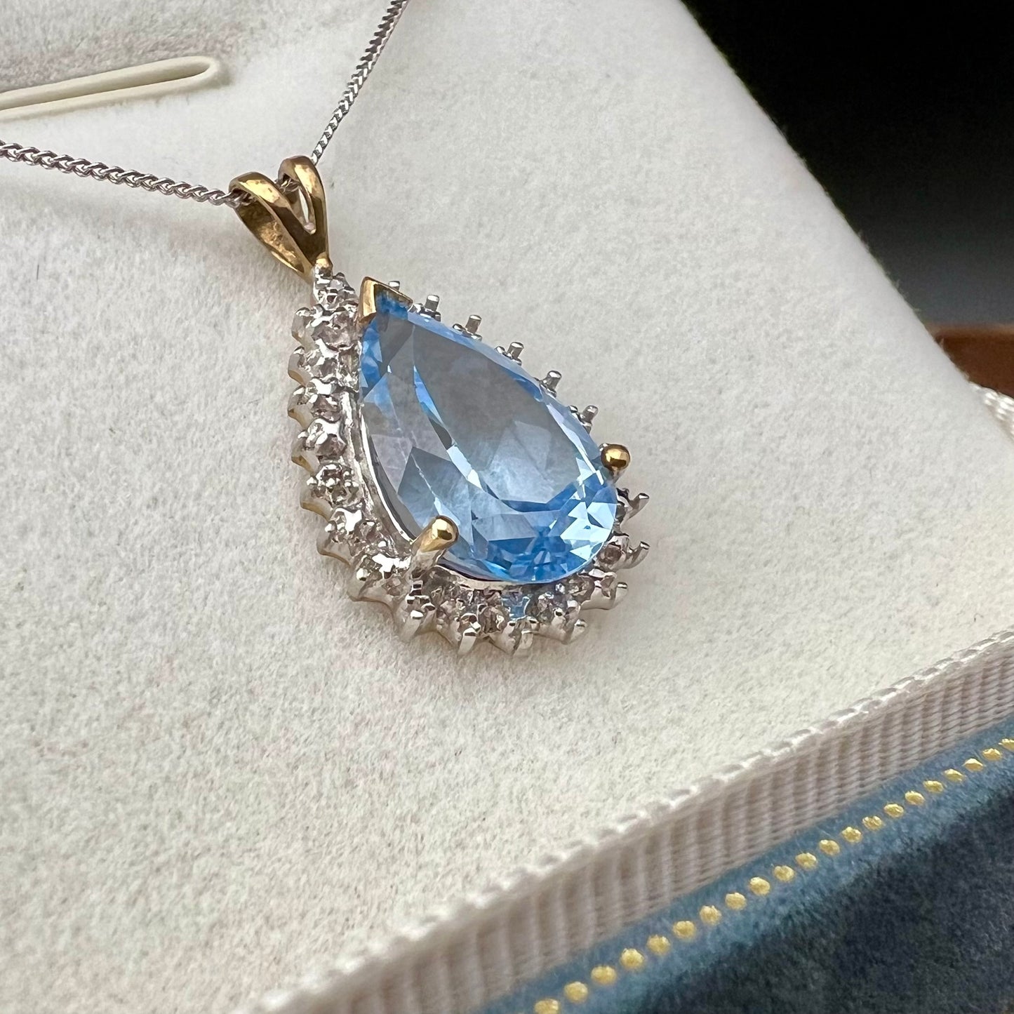 Blue topaz drop pendant with 4 small diamonds, 9ct gold