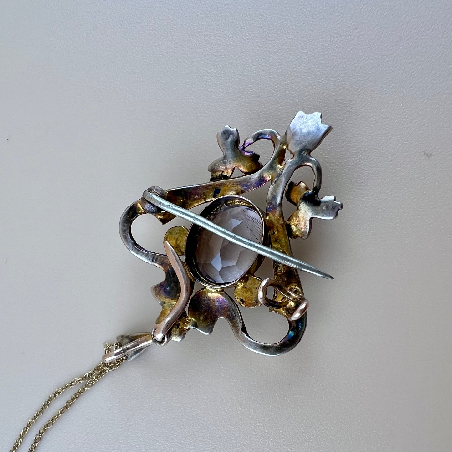 9ct gold lavalier brooch pendant with amethyst and pearls