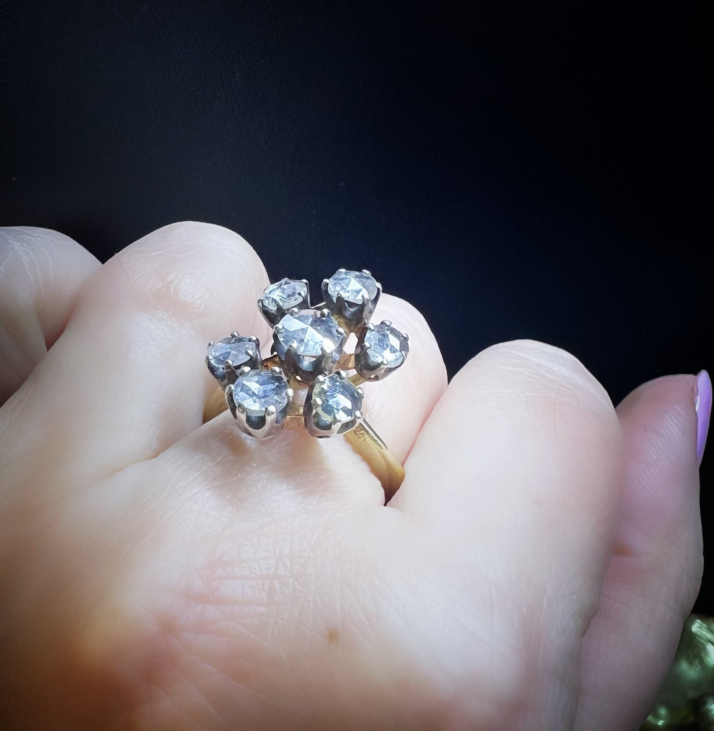 Antique 18K Yellow Gold and Silver Ring with Rose-Cut Diamonds