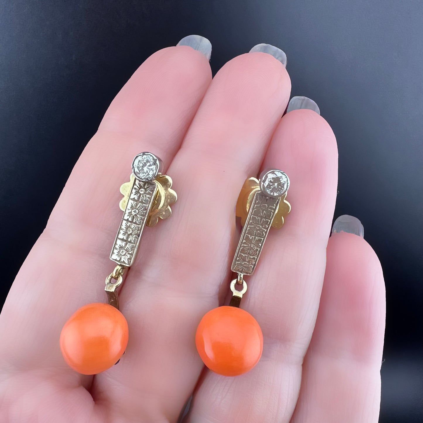 Art Deco Diamond and Coral Earrings, 1930s