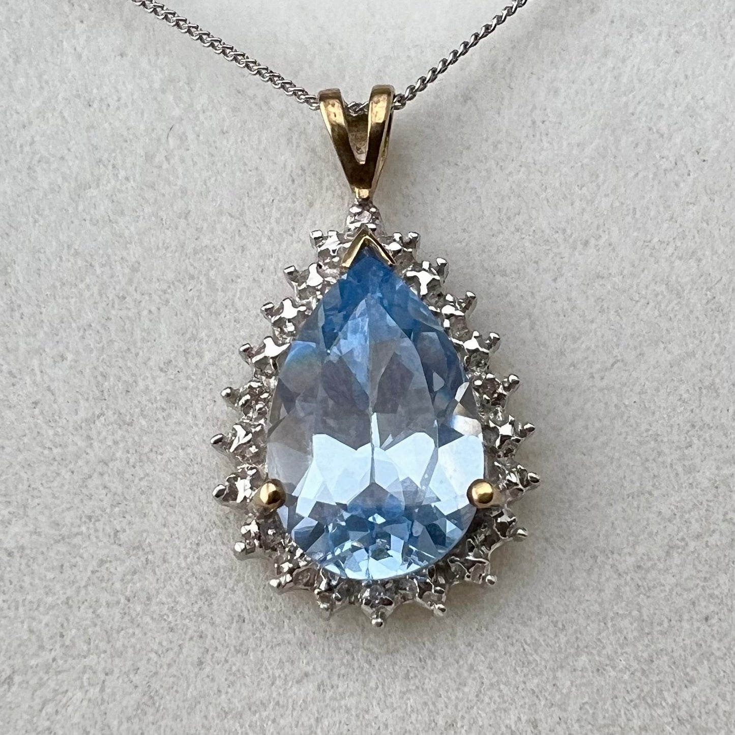 Blue topaz drop pendant with 4 small diamonds, 9ct gold