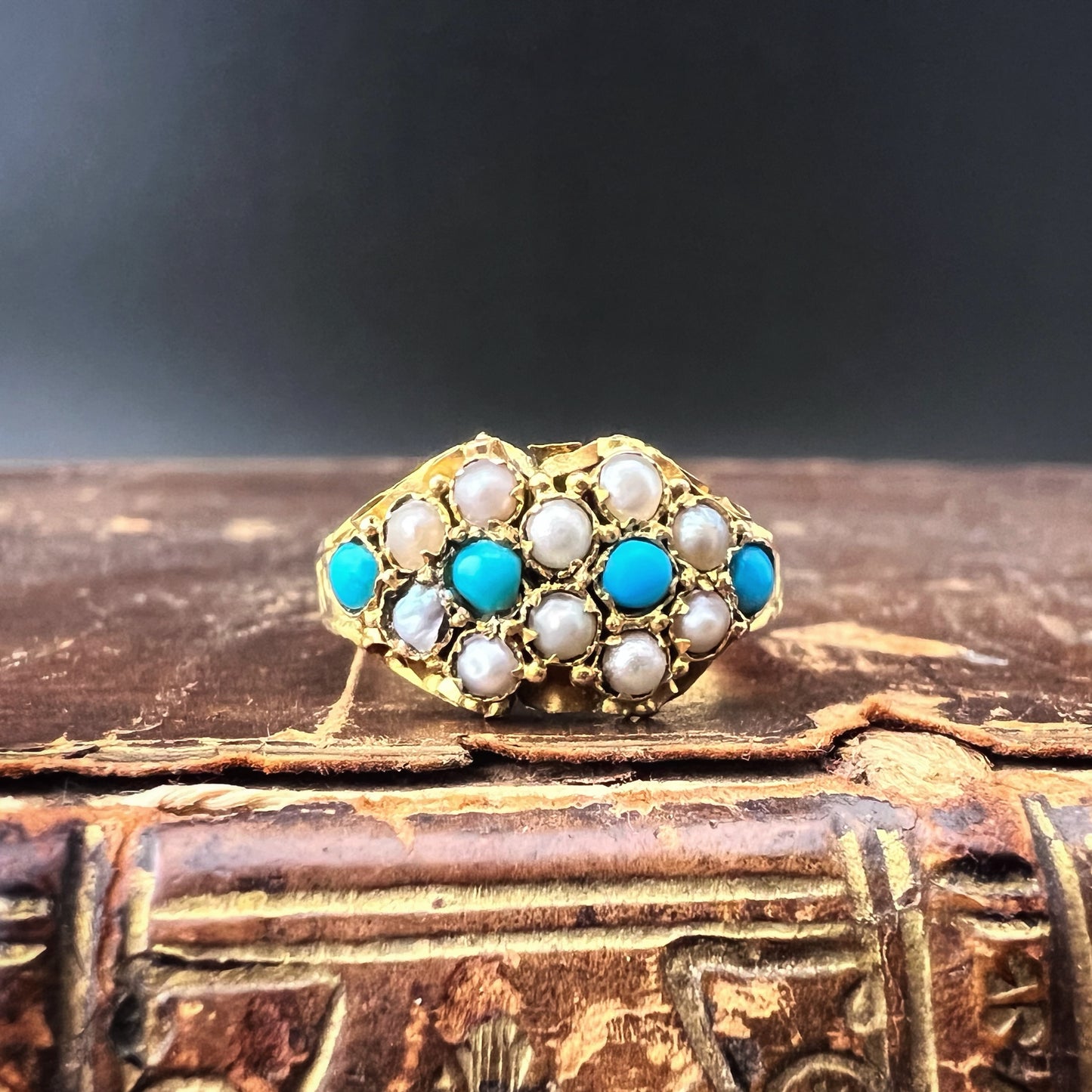 Antique Victorian 1878 15K gold beaded and turquoise ring