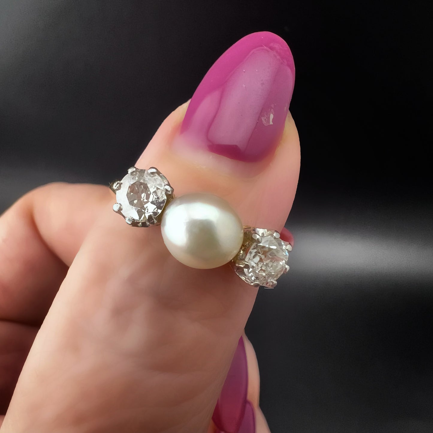 22ct gold ring with natural pearl and 1ct old mine diamonds