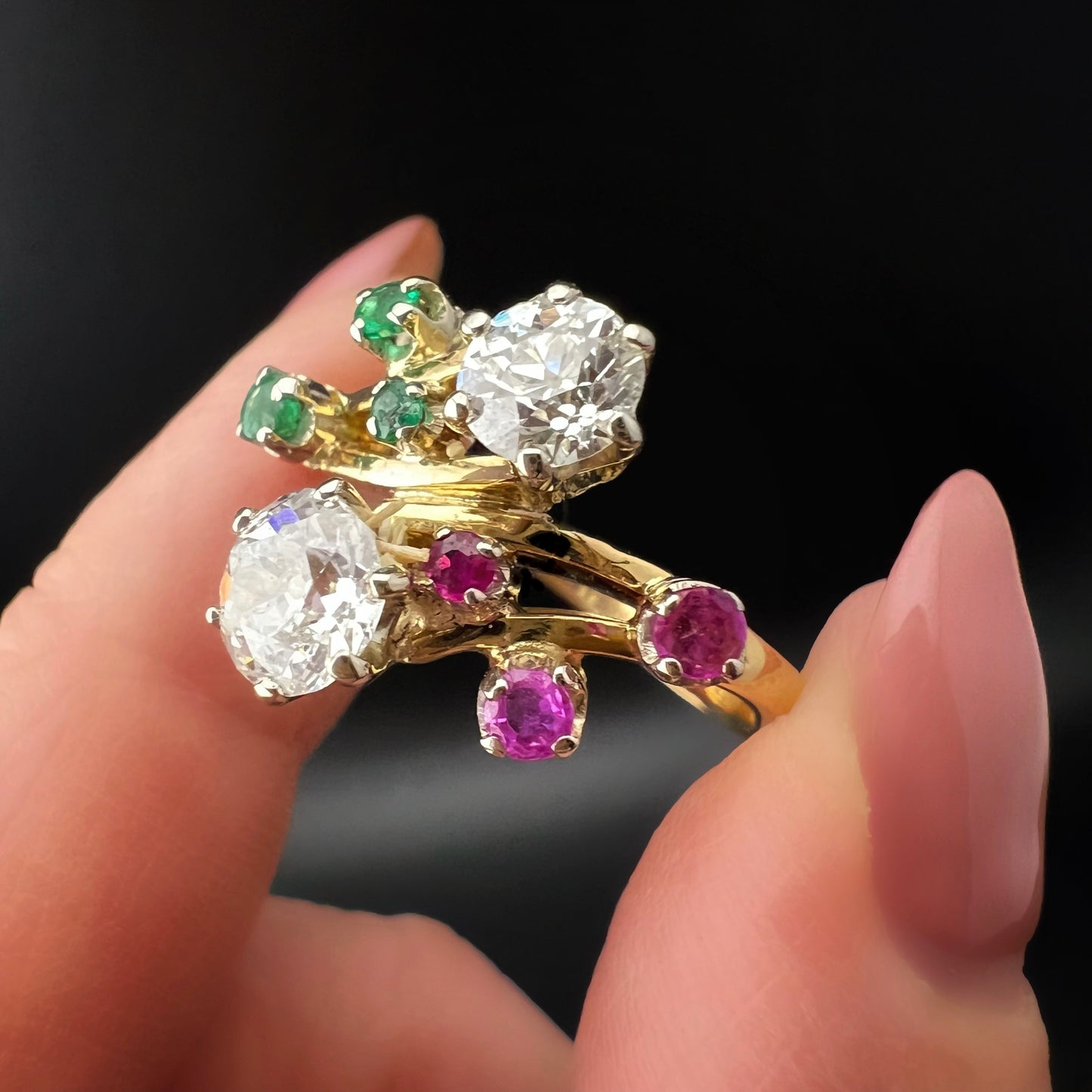 18K white, red, and green diamond, ruby, and emerald ring
