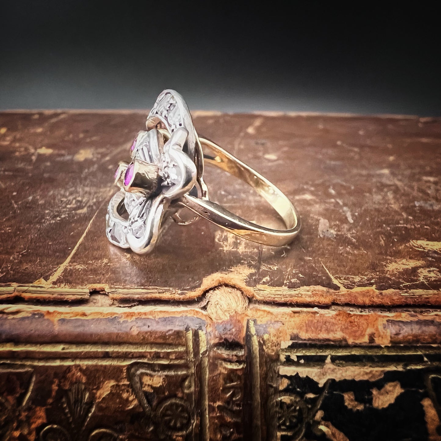 18K gold, silver, diamond, and ruby ring