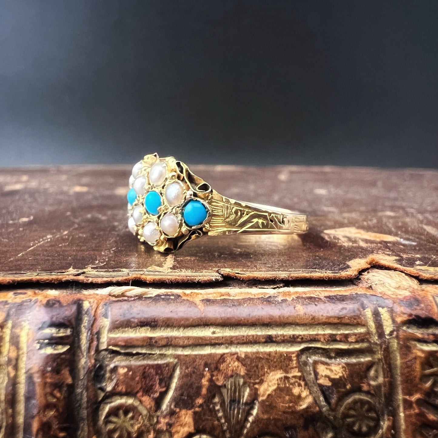 Antique Victorian 1878 15K gold beaded and turquoise ring