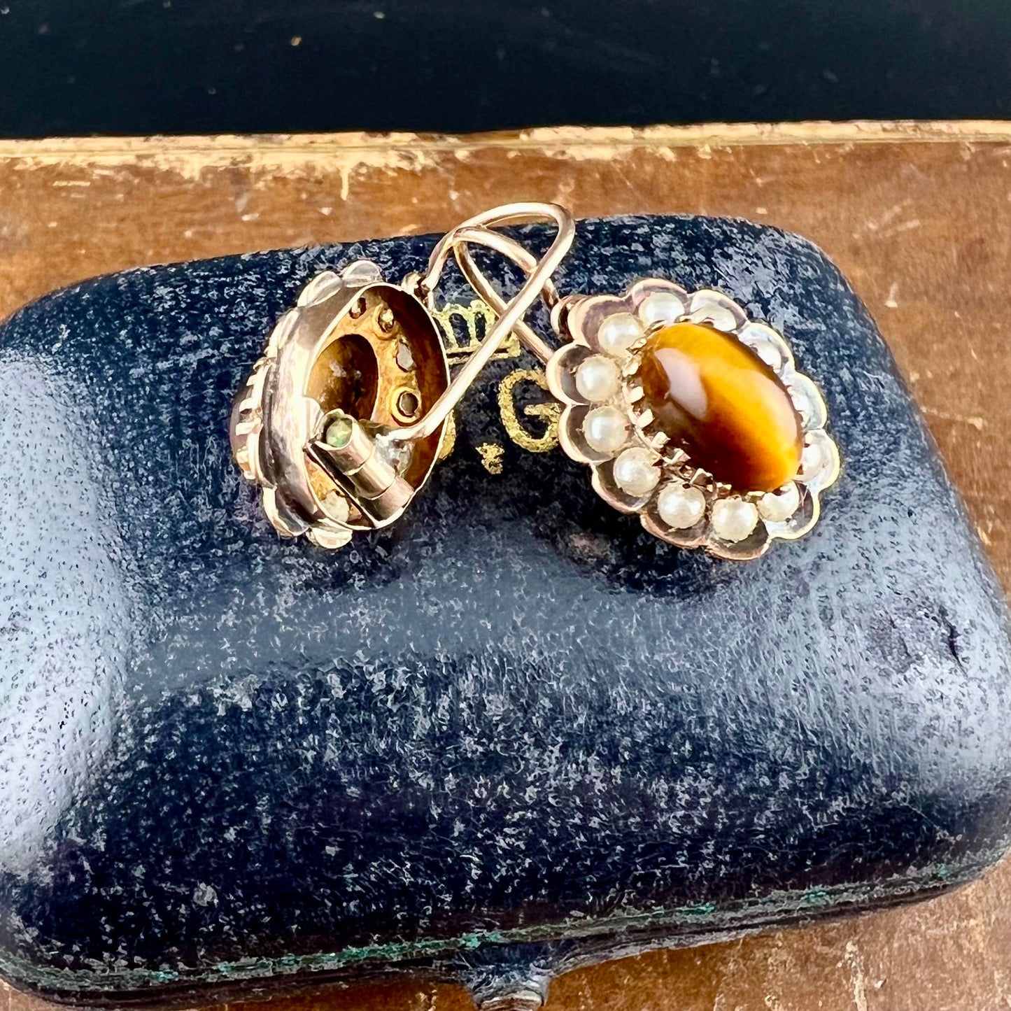 Antique gold earrings with tiger's eye and pearls