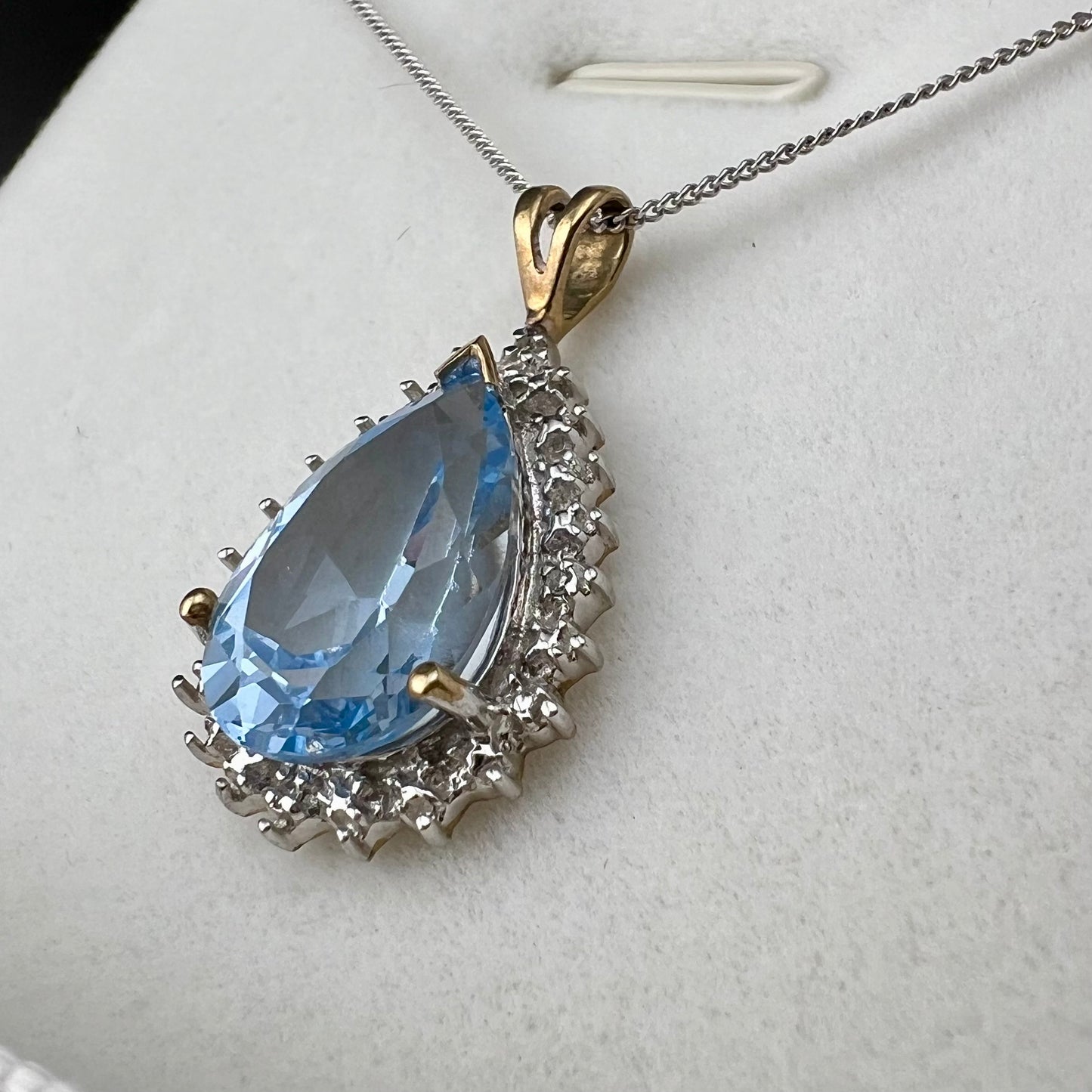 Blue topaz drop pendant with 4 small diamonds, 9ct gold