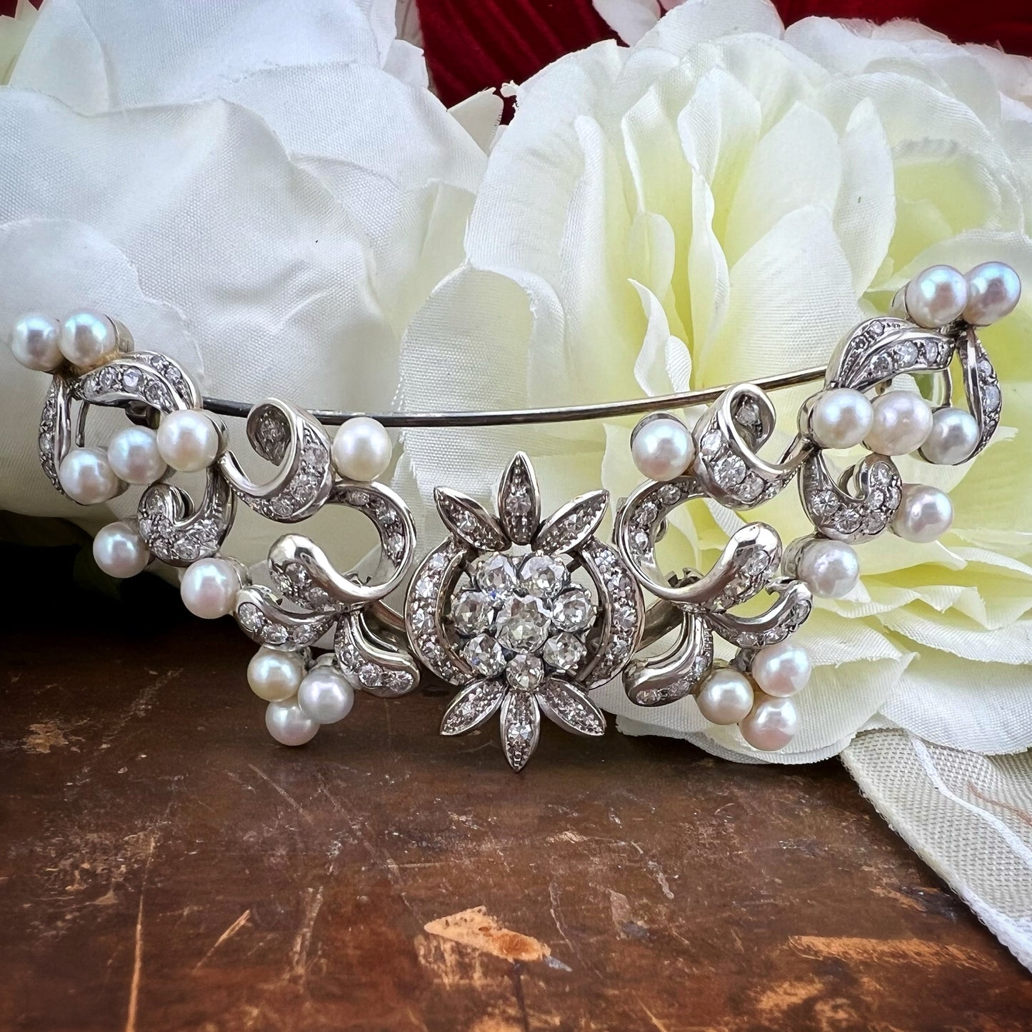 Pendente, diadema, spilla in oro 18 k diamanti old mine, perle - gioiello trasformabile anni ‘30