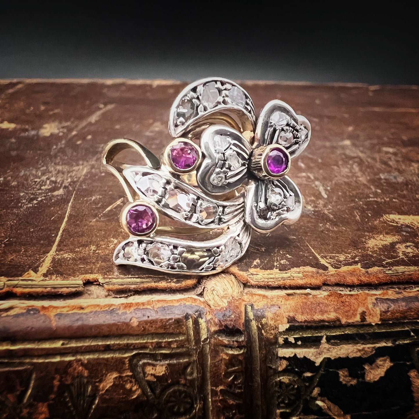 18K gold, silver, diamond, and ruby ring