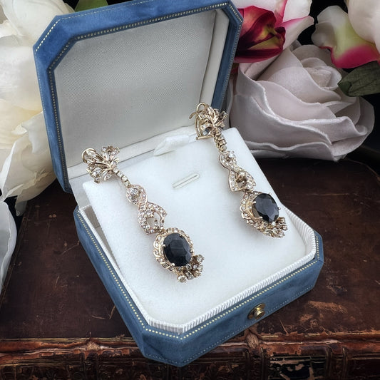 Grandi Orecchini Pendenti Vintage con Zaffiri Naturali e Diamanti – Oro Giallo 14kt