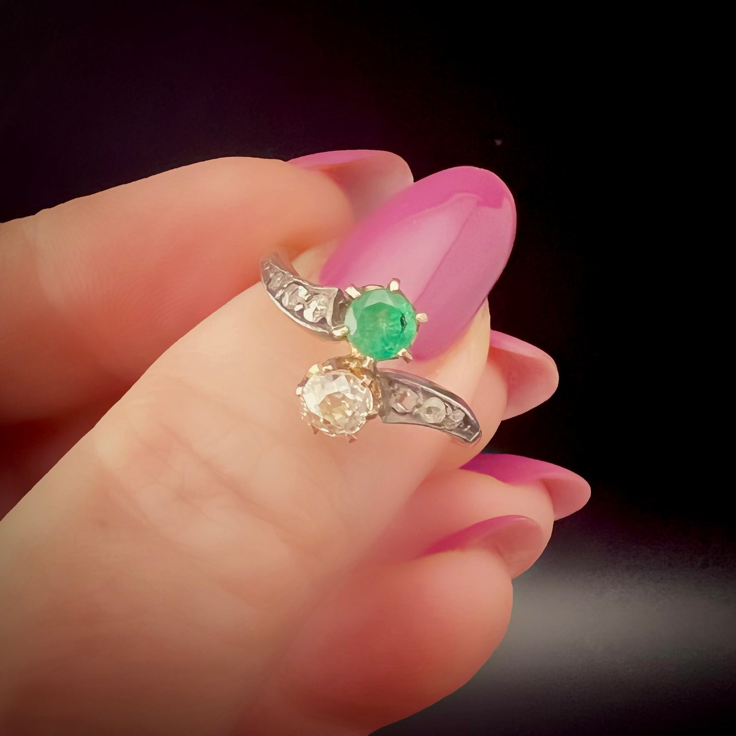 Toi et moi ring with 0.33 ct old mine diamond and emerald in 14 ct gold