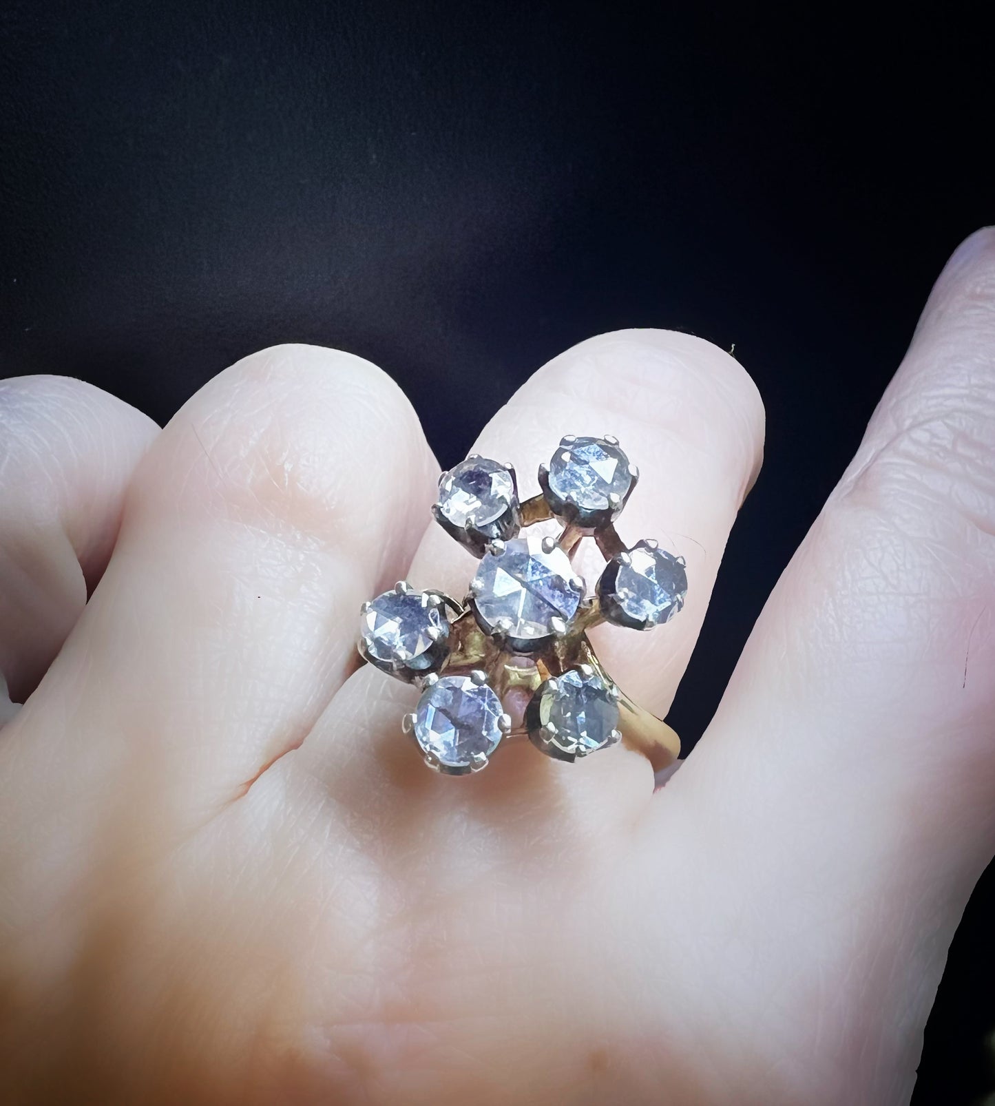 Antique 18K Yellow Gold and Silver Ring with Rose-Cut Diamonds