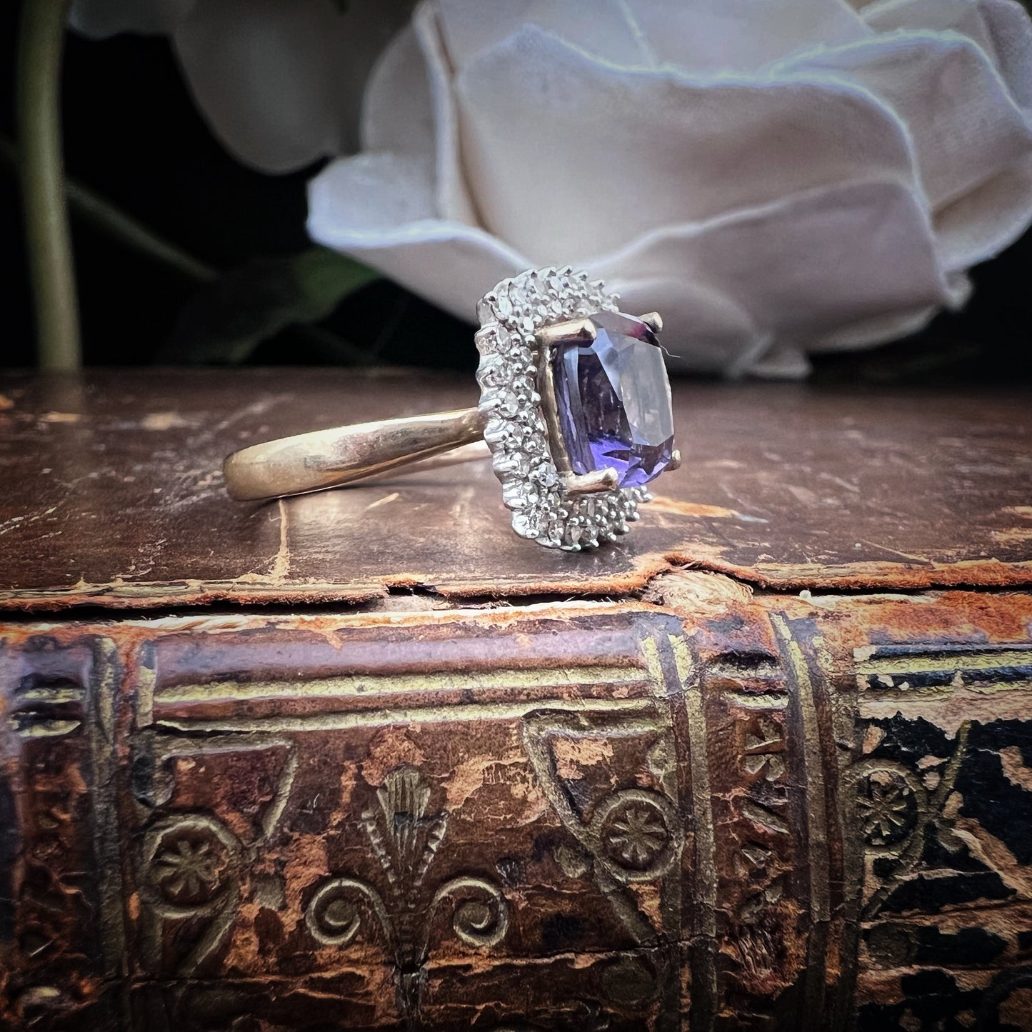 Cushion amethyst and diamond ring