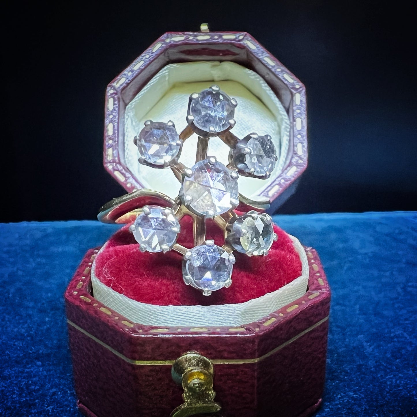 Antique 18K Yellow Gold and Silver Ring with Rose-Cut Diamonds