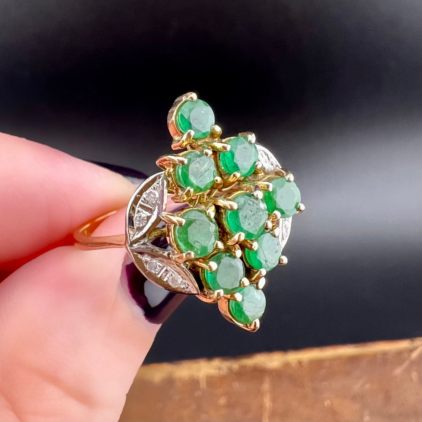 14K gold emerald and diamond ring