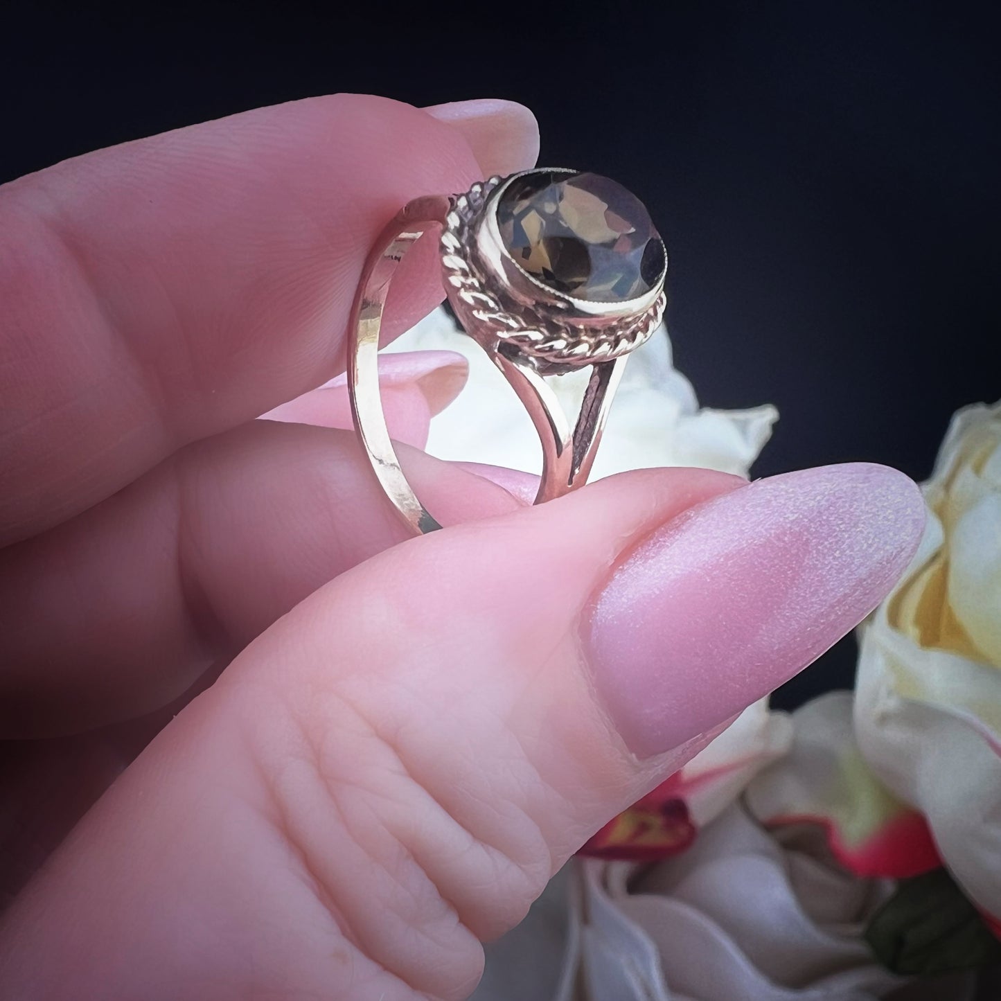 Vintage Gelbgoldring mit Rauchquarz