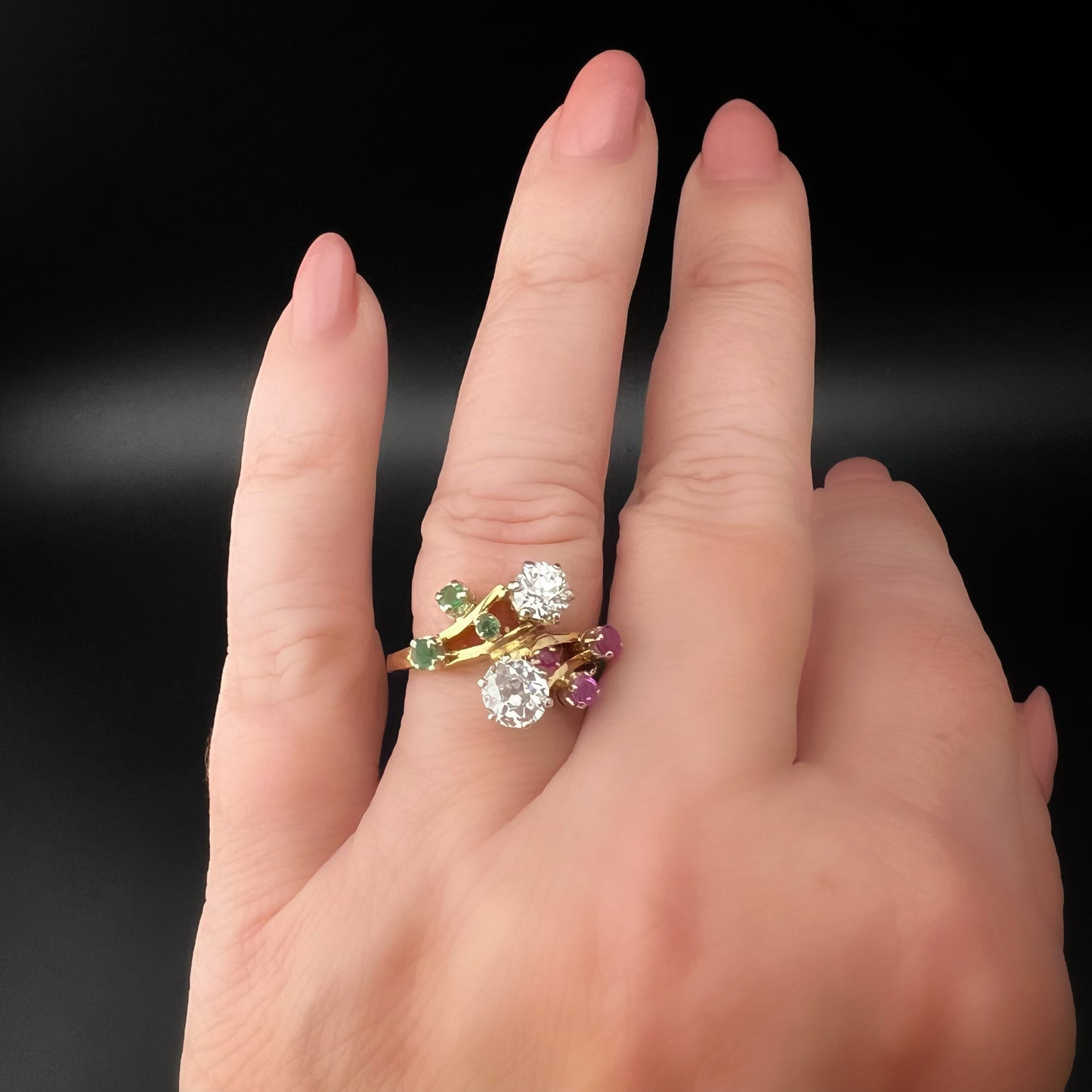 18K white, red, and green diamond, ruby, and emerald ring