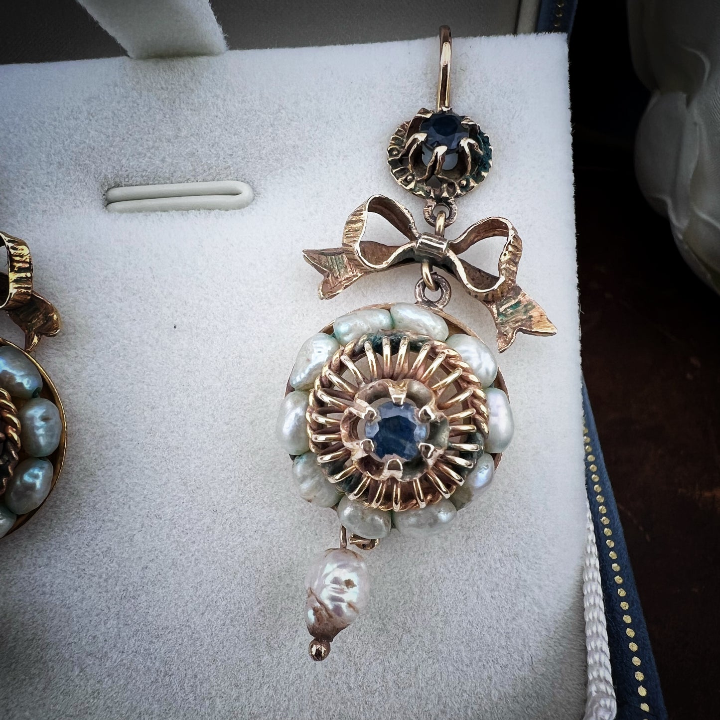 Antique Pair of 10kt Gold Earrings with Sapphires and Baroque Pearls – Late 19th Century