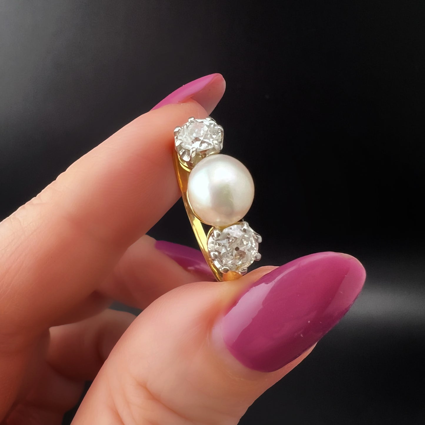 22ct gold ring with natural pearl and 1ct old mine diamonds