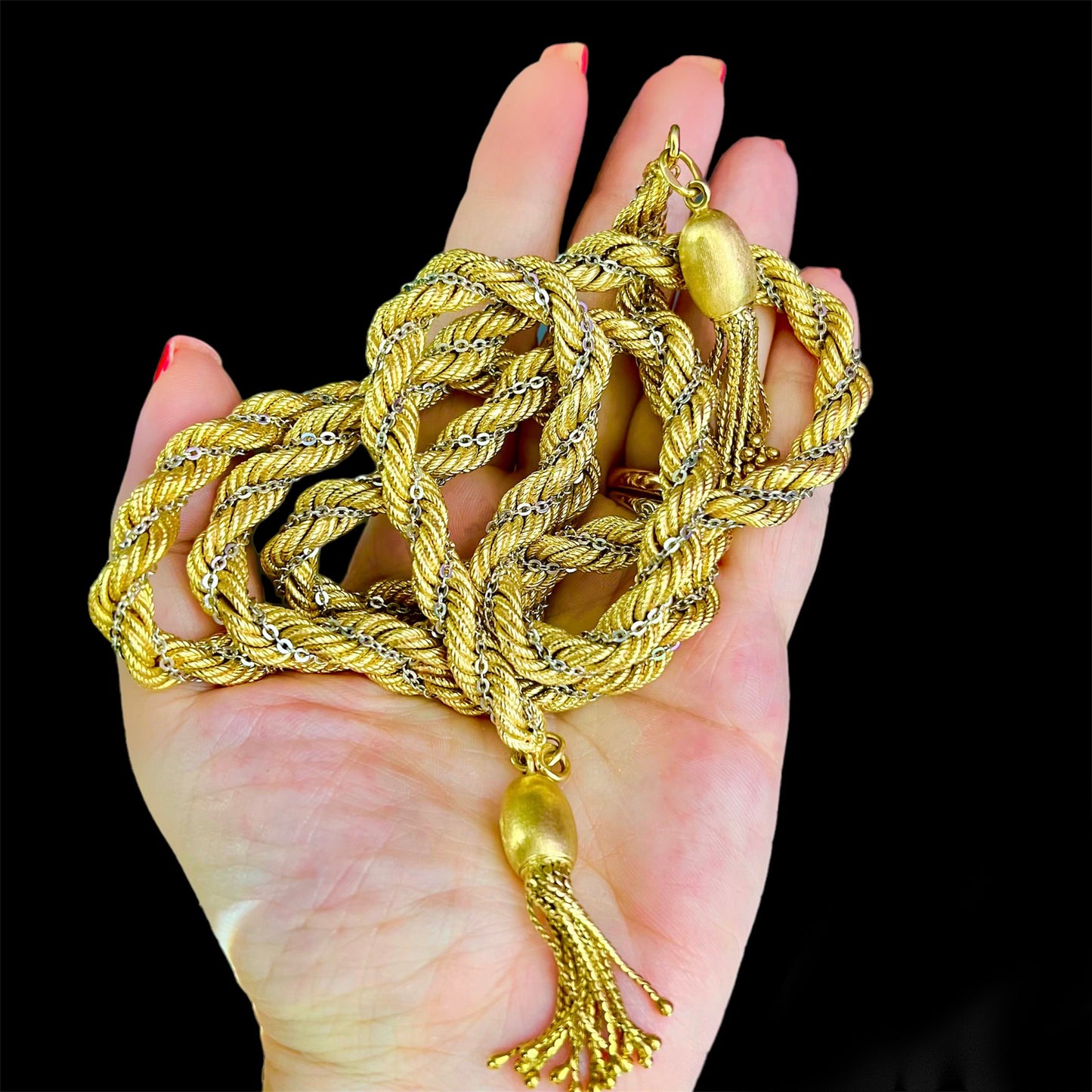 Long torchon necklace in 18k yellow and white gold - Italy 1970