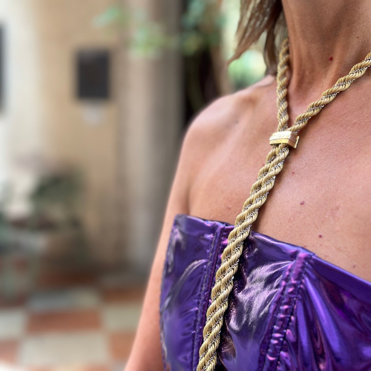 Long torchon necklace in 18k yellow and white gold - Italy 1970