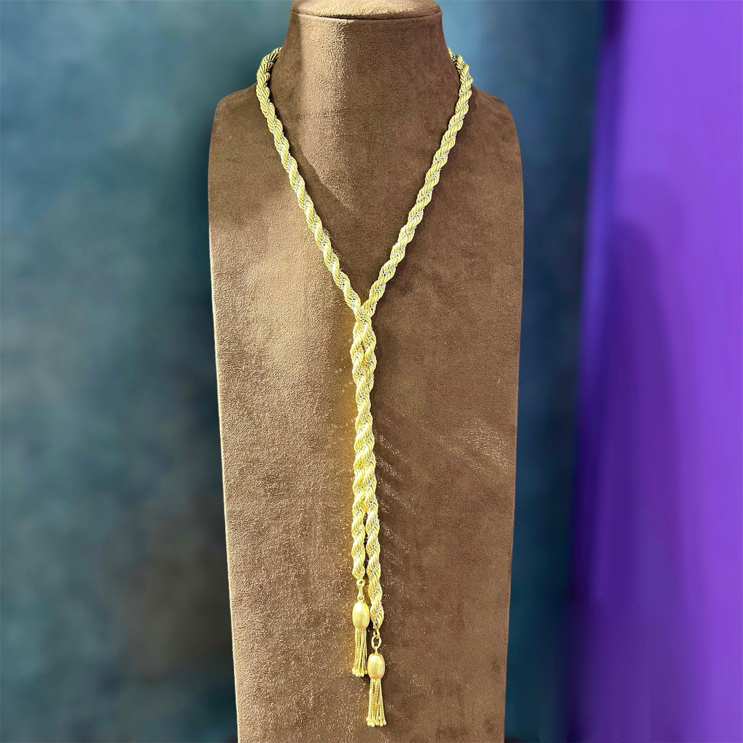 Long torchon necklace in 18k yellow and white gold - Italy 1970