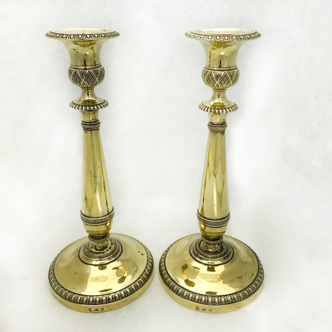 Antica coppia di candelieri in argento dorato Milano argentiere Panizza Tommaso 1835-1868