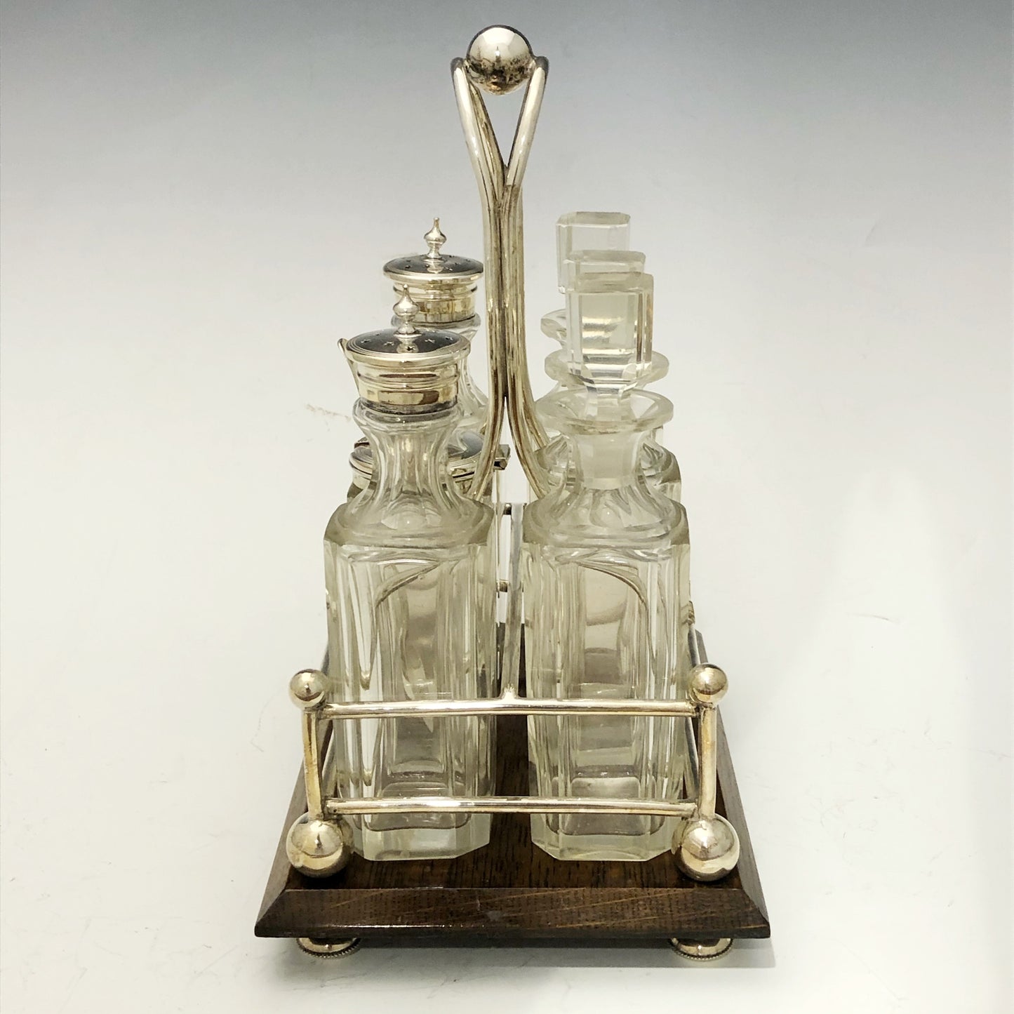 Antike viktorianische Ölmenage für 6 Flaschen mit Eichensockel