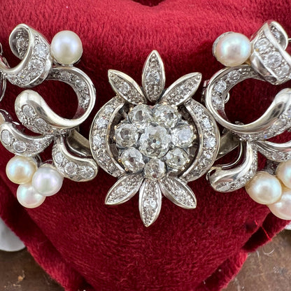 Pendente, diadema, spilla in oro 18 k diamanti old mine, perle - gioiello trasformabile anni ‘30