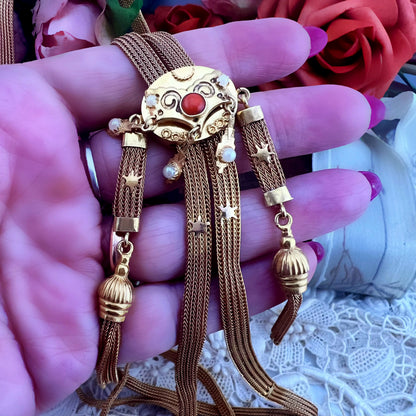 Collana saliscendi in oro con corallo e perline Belle Époque