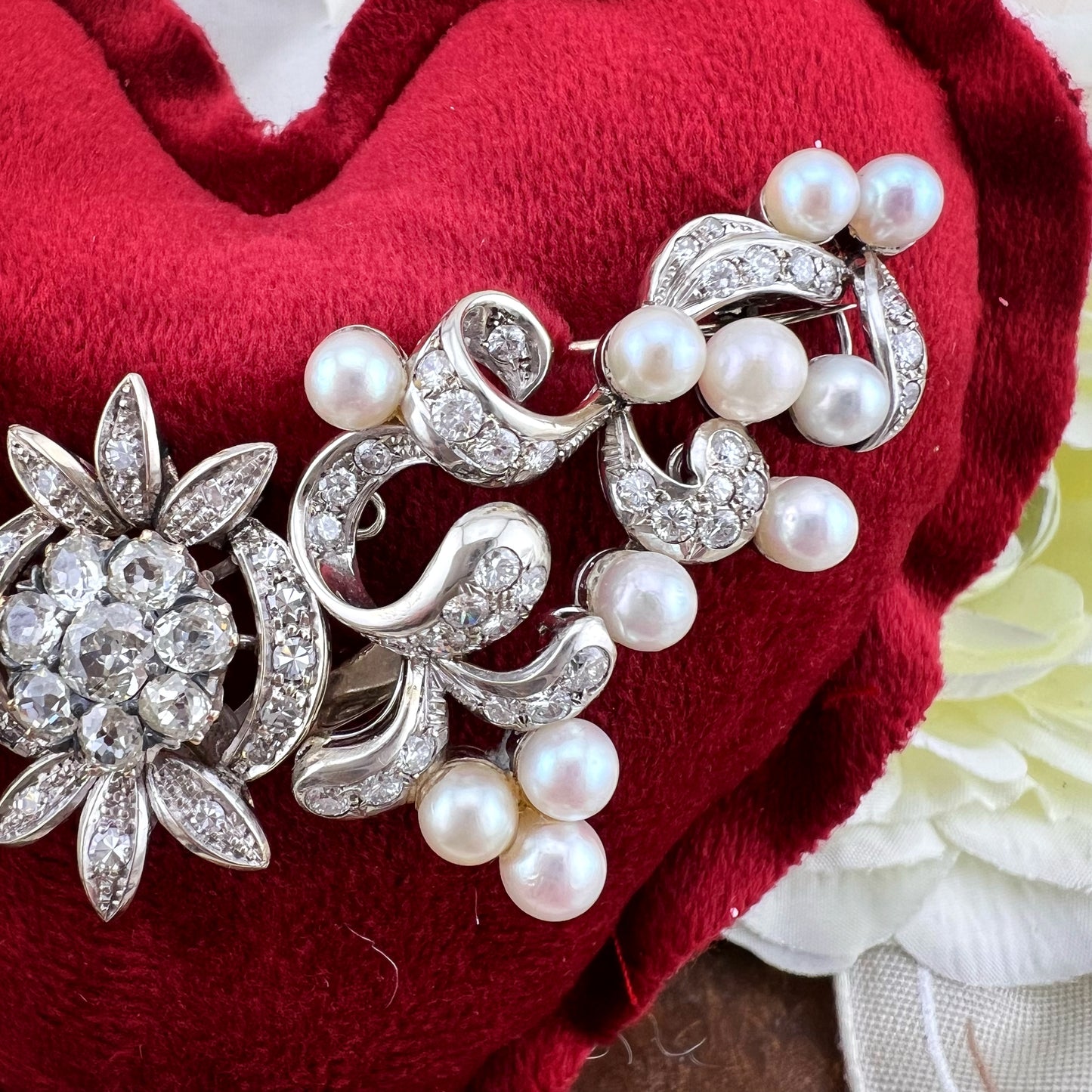 Pendente, diadema, spilla in oro 18 k diamanti old mine, perle - gioiello trasformabile anni ‘30