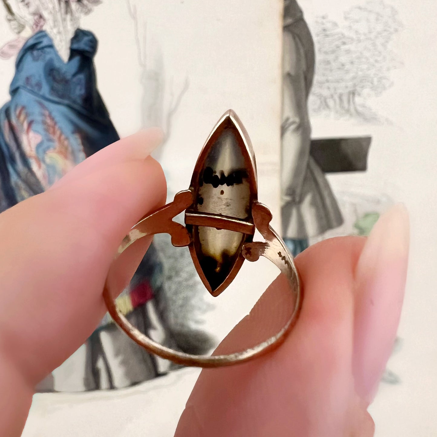 Anello vintage a navette con agata muschiata – USA, circa 1950