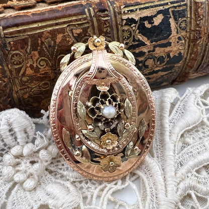 Pendente/spilla borbonico in oro giallo e rosa 18k con perlina centrale – Italia preunitaria, metà XIX secolo