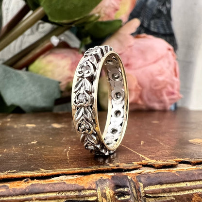 Anello eternity vintage con diamanti a rosetta in oro 9 carati e argento